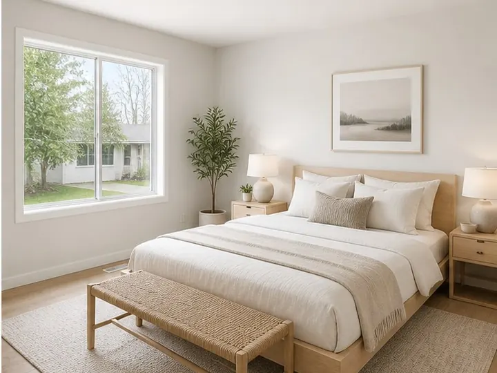 Scandinavian staged primary bedroom after virtual staging