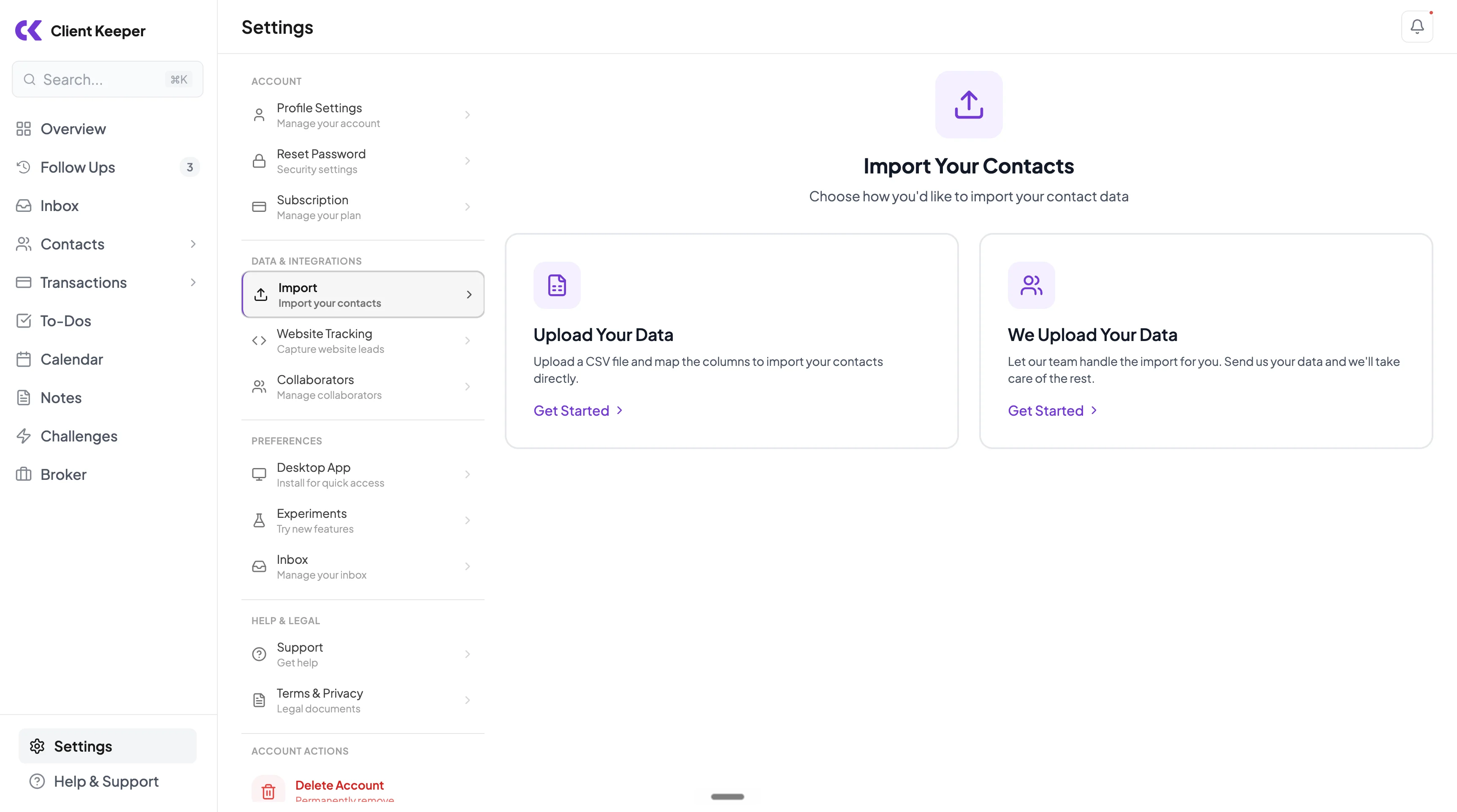 Client Keeper settings import screen showing Upload Your Data and We Upload Your Data options.