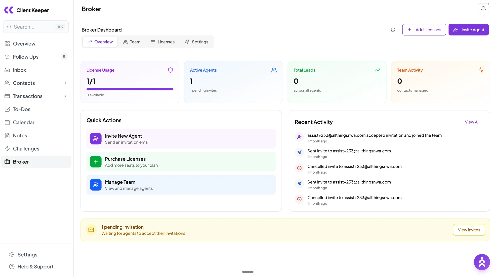 Client Keeper broker dashboard with license usage, active agents, and team activity panels.