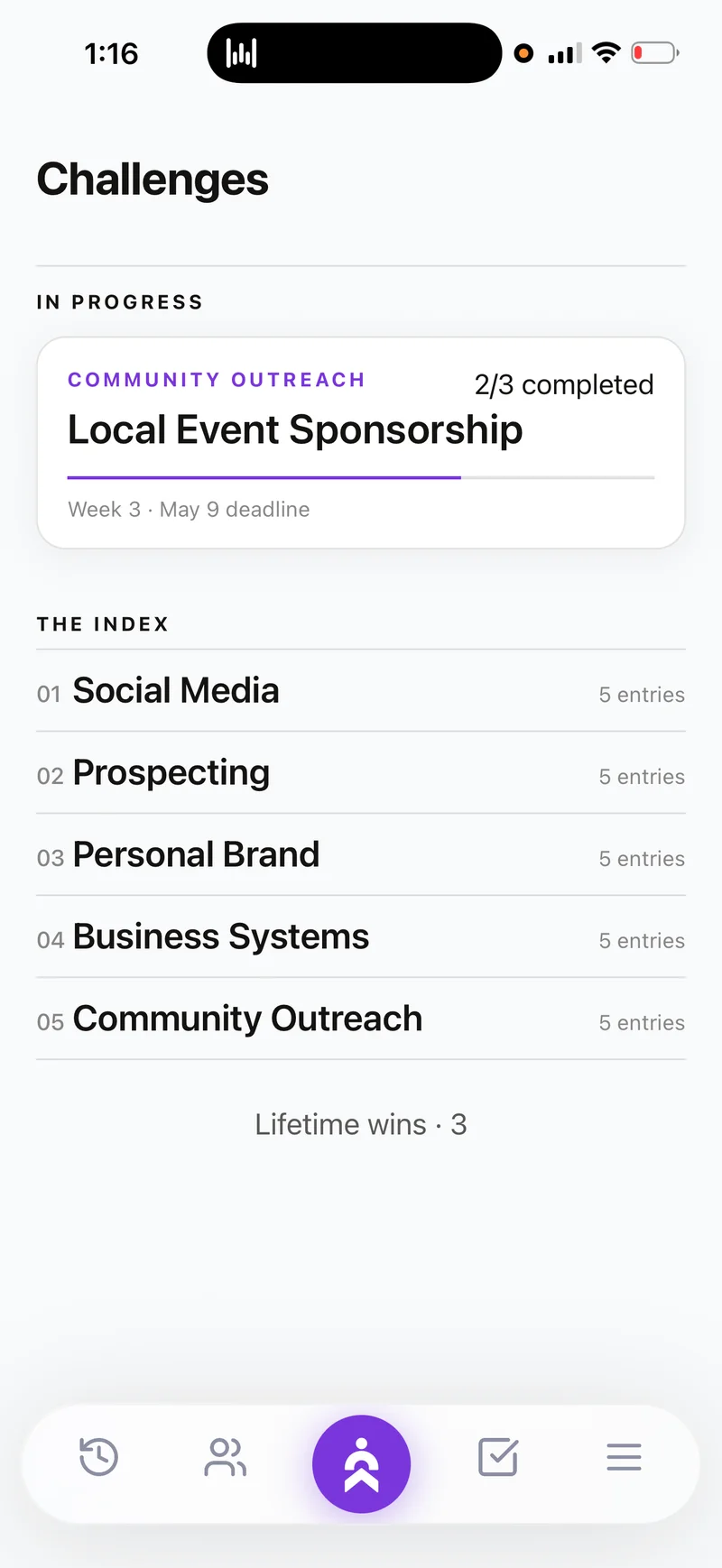 Mobile Challenges Hub with lifetime wins counted at the bottom.