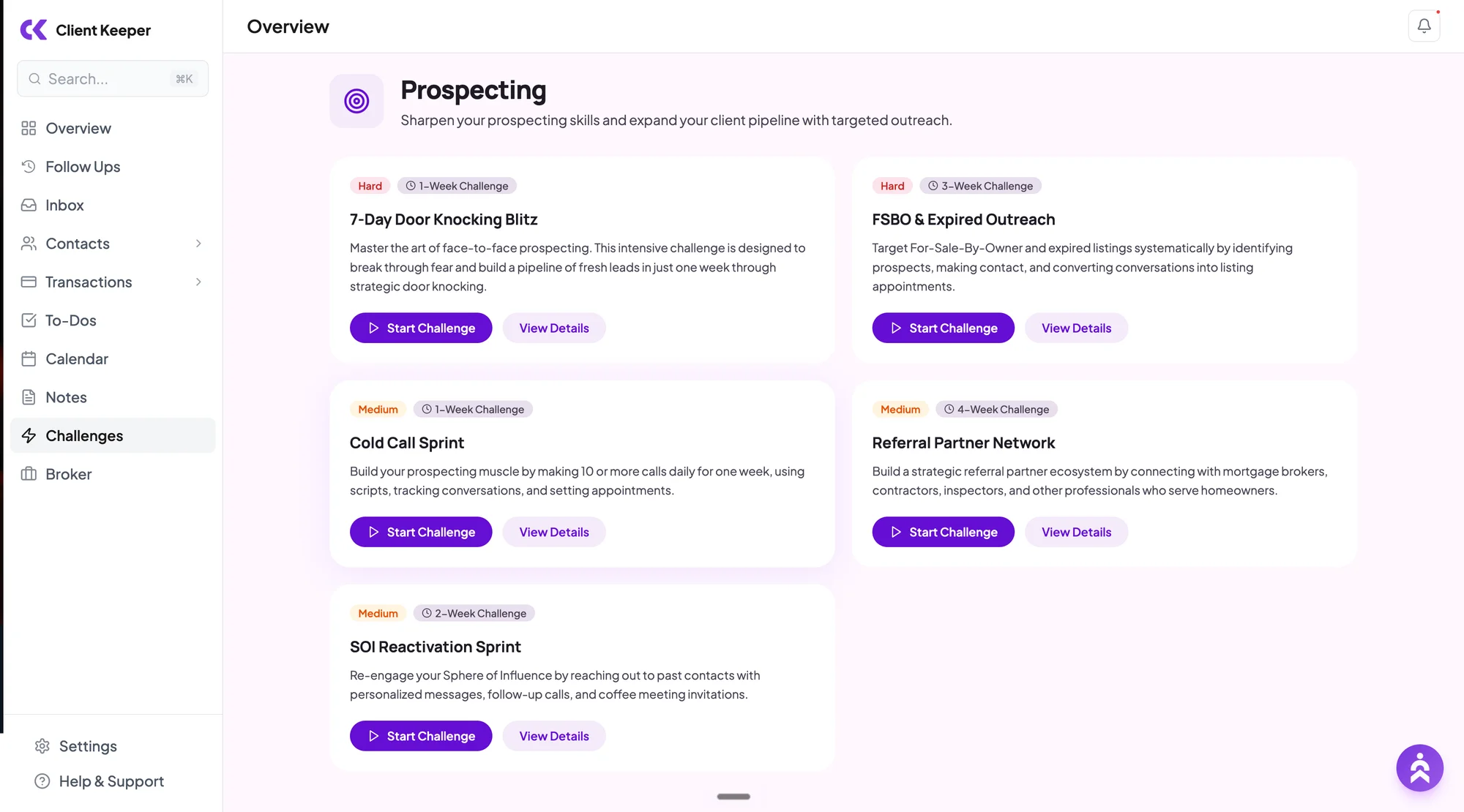 Prospecting category challenges with weekly steps, durations, and difficulty.