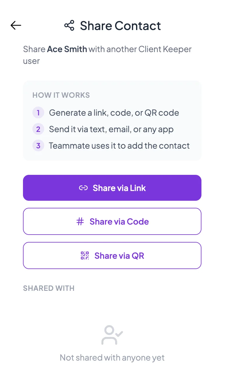 Share contact dialog with Share via Link, Code, and QR options.