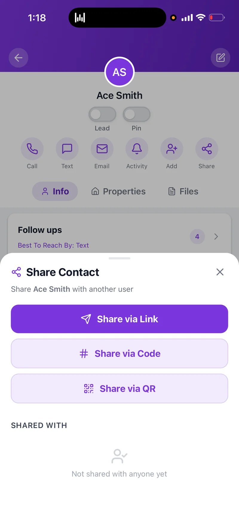 Share contact bottom sheet with link, code, and QR options.