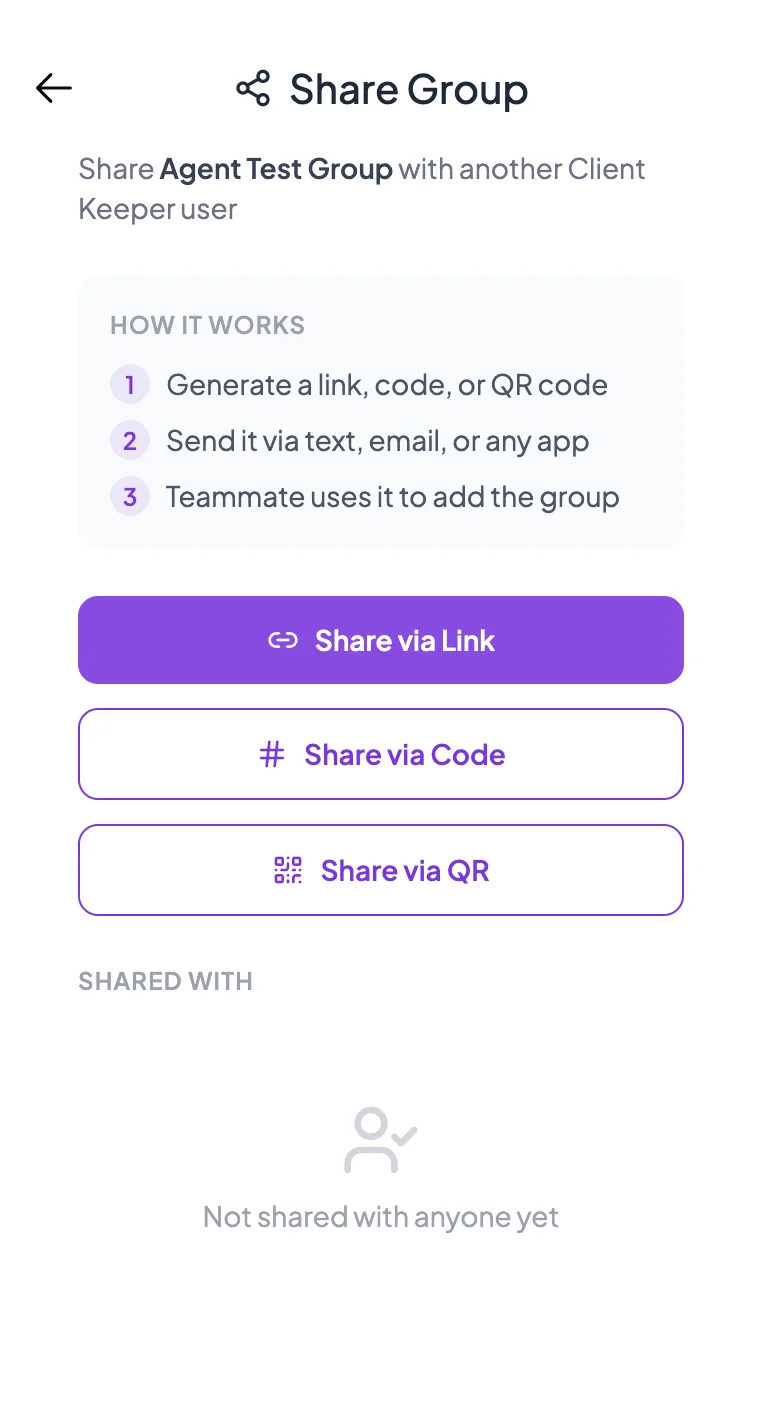 Share Group panel for Agent Test Group showing 28 members.