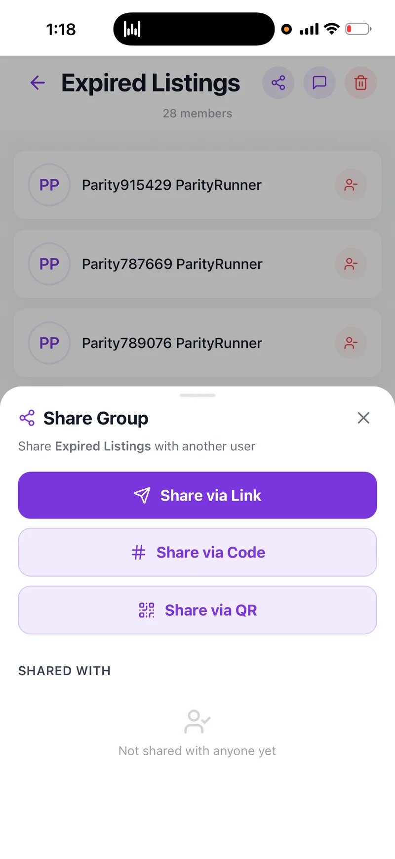 Shared with empty state: "Not shared with anyone yet."