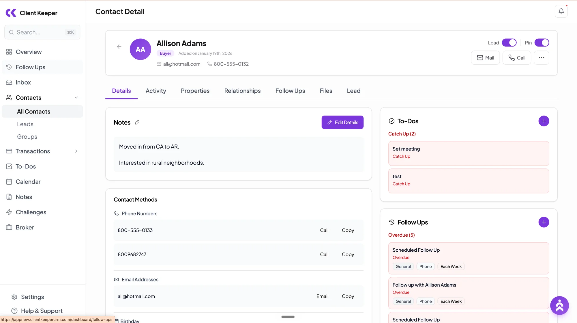 Client Keeper contact detail with relationship notes and follow-up context.