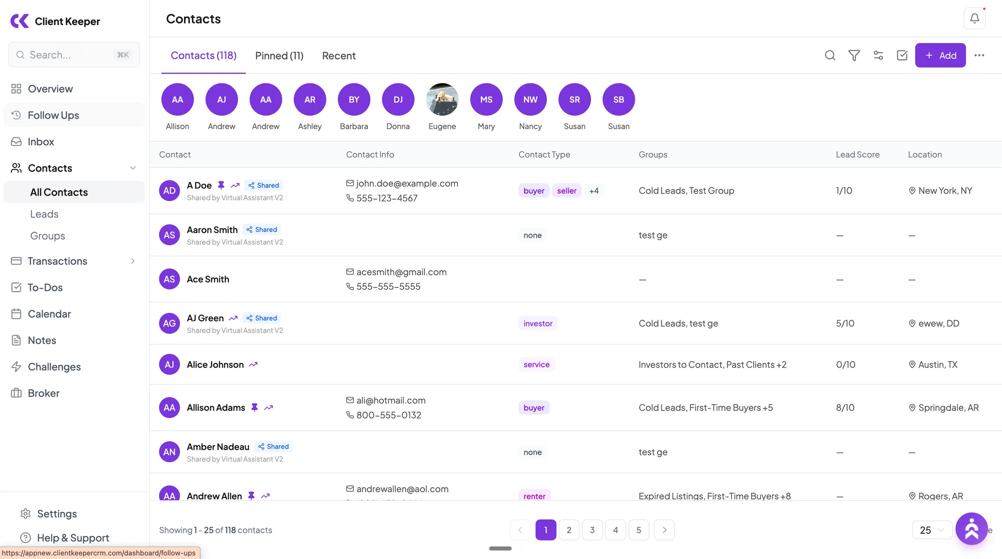 Client Keeper contacts list on desktop with filters, lead scores, and sortable columns.