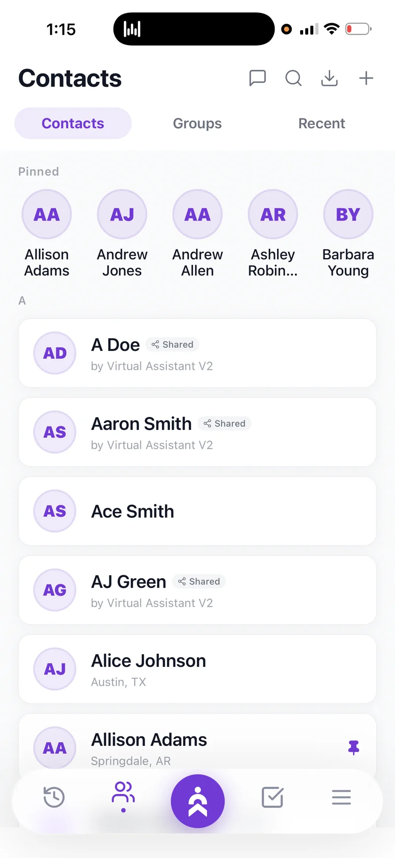 Client Keeper contacts list on iPhone with pinned contacts and recent activity.