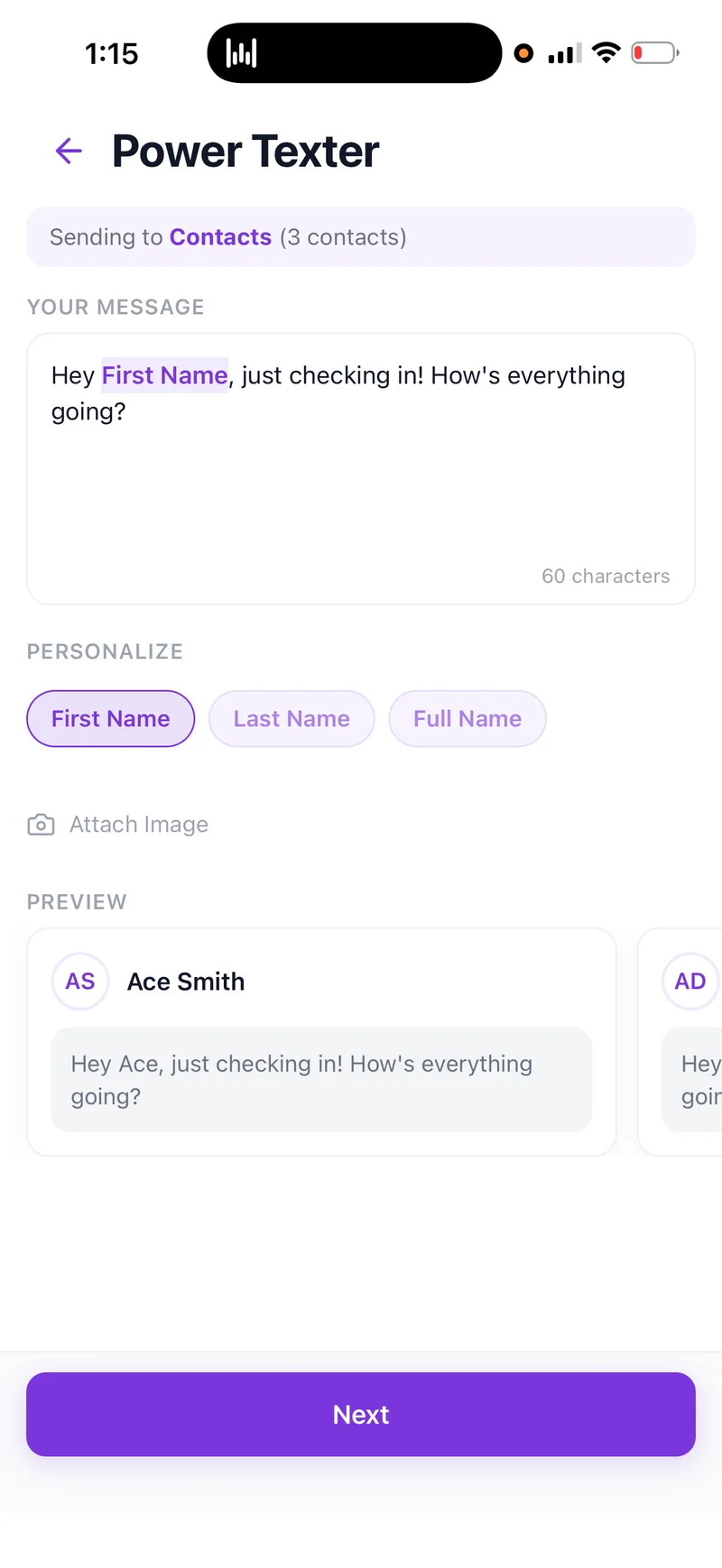 Power texting compose screen on iPhone with personalized merge fields.