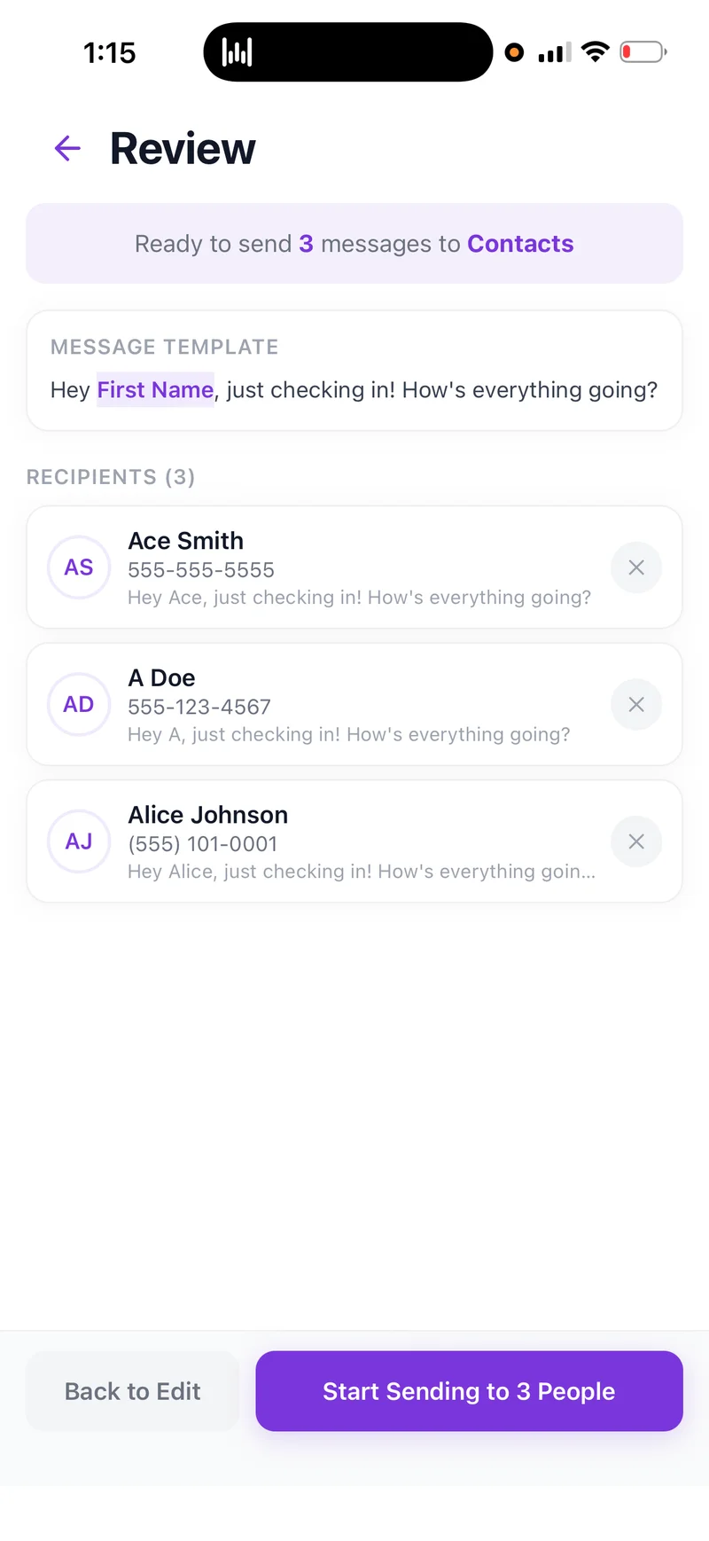 Power texting review screen listing each recipient with their personalized message version.