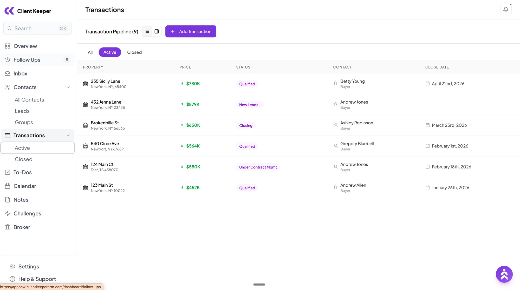 Client Keeper active transactions table with property, price, status, contact, and close date columns.